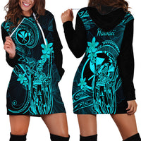 Hawaii Hoodie Dress King Kamehameha Mix Polynesian Plumeria Turquoise Version - Wonder Print Shop