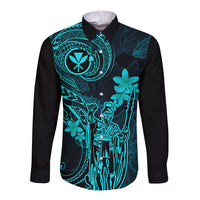 Hawaii Long Sleeve Button Shirt King Kamehameha Mix Polynesian Plumeria Turquoise Version - Wonder Print Shop