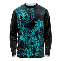 Hawaii Long Sleeve Shirt King Kamehameha Mix Polynesian Plumeria Turquoise Version - Wonder Print Shop