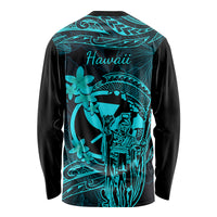 Hawaii Long Sleeve Shirt King Kamehameha Mix Polynesian Plumeria Turquoise Version - Wonder Print Shop
