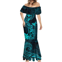 Hawaii Mermaid Dress King Kamehameha Mix Polynesian Plumeria Turquoise Version - Wonder Print Shop