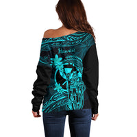 Hawaii Off Shoulder Sweater King Kamehameha Mix Polynesian Plumeria Turquoise Version - Wonder Print Shop