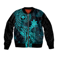 Hawaii Sleeve Zip Bomber Jacket King Kamehameha Mix Polynesian Plumeria Turquoise Version - Wonder Print Shop