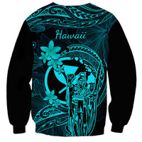 Hawaii Sweatshirt King Kamehameha Mix Polynesian Plumeria Turquoise Version - Wonder Print Shop