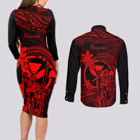 Hawaii Couples Matching Long Sleeve Bodycon Dress and Long Sleeve Button Shirts King Kamehameha Mix Polynesian Plumeria Red Version - Wonder Print Shop