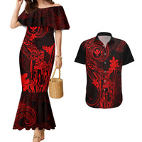 Hawaii Couples Matching Mermaid Dress and Hawaiian Shirt King Kamehameha Mix Polynesian Plumeria Red Version - Wonder Print Shop