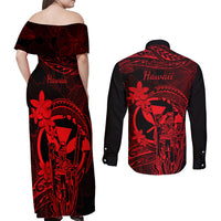 Hawaii Couples Matching Off Shoulder Maxi Dress and Long Sleeve Button Shirts King Kamehameha Mix Polynesian Plumeria Red Version - Wonder Print Shop