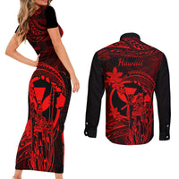 Hawaii Couples Matching Short Sleeve Bodycon Dress and Long Sleeve Button Shirts King Kamehameha Mix Polynesian Plumeria Red Version - Wonder Print Shop