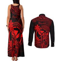 Hawaii Couples Matching Tank Maxi Dress and Long Sleeve Button Shirts King Kamehameha Mix Polynesian Plumeria Red Version - Wonder Print Shop