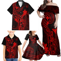 Hawaii Family Matching Off Shoulder Maxi Dress and Hawaiian Shirt King Kamehameha Mix Polynesian Plumeria Red Version - Wonder Print Shop