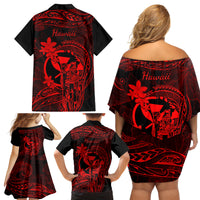 Hawaii Family Matching Off Shoulder Short Dress and Hawaiian Shirt King Kamehameha Mix Polynesian Plumeria Red Version - Wonder Print Shop