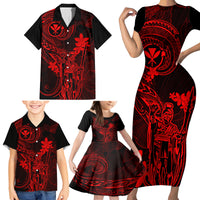 Hawaii Family Matching Short Sleeve Bodycon Dress and Hawaiian Shirt King Kamehameha Mix Polynesian Plumeria Red Version - Wonder Print Shop