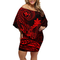 Hawaii Off Shoulder Short Dress King Kamehameha Mix Polynesian Plumeria Red Version - Wonder Print Shop