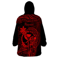 Hawaii Wearable Blanket Hoodie King Kamehameha Mix Polynesian Plumeria Red Version - Wonder Print Shop
