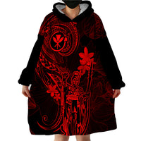 Hawaii Wearable Blanket Hoodie King Kamehameha Mix Polynesian Plumeria Red Version - Wonder Print Shop