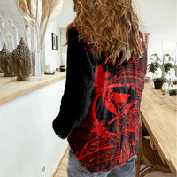 Hawaii Women Casual Shirt King Kamehameha Mix Polynesian Plumeria Red Version - Wonder Print Shop