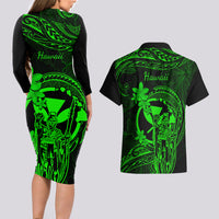 Hawaii Couples Matching Long Sleeve Bodycon Dress and Hawaiian Shirt King Kamehameha Mix Polynesian Plumeria Green Version - Wonder Print Shop