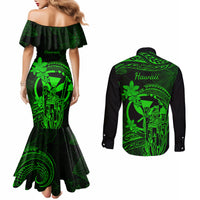 hawaii-couples-matching-mermaid-dress-and-long-sleeve-button-shirts-king-kamehameha-mix-polynesian-plumeria-green-version