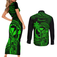 Hawaii Couples Matching Short Sleeve Bodycon Dress and Long Sleeve Button Shirts King Kamehameha Mix Polynesian Plumeria Green Version - Wonder Print Shop