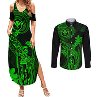 Hawaii Couples Matching Summer Maxi Dress and Long Sleeve Button Shirts King Kamehameha Mix Polynesian Plumeria Green Version - Wonder Print Shop