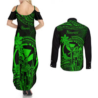 Hawaii Couples Matching Summer Maxi Dress and Long Sleeve Button Shirts King Kamehameha Mix Polynesian Plumeria Green Version - Wonder Print Shop