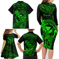 Hawaii Family Matching Long Sleeve Bodycon Dress and Hawaiian Shirt King Kamehameha Mix Polynesian Plumeria Green Version - Wonder Print Shop