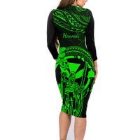 Hawaii Family Matching Long Sleeve Bodycon Dress and Hawaiian Shirt King Kamehameha Mix Polynesian Plumeria Green Version - Wonder Print Shop