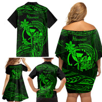 Hawaii Family Matching Off Shoulder Short Dress and Hawaiian Shirt King Kamehameha Mix Polynesian Plumeria Green Version - Wonder Print Shop