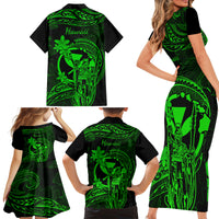 Hawaii Family Matching Short Sleeve Bodycon Dress and Hawaiian Shirt King Kamehameha Mix Polynesian Plumeria Green Version - Wonder Print Shop