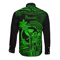Hawaii Long Sleeve Button Shirt King Kamehameha Mix Polynesian Plumeria Green Version - Wonder Print Shop
