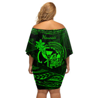 Hawaii Off Shoulder Short Dress King Kamehameha Mix Polynesian Plumeria Green Version - Wonder Print Shop
