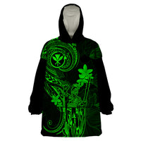 Hawaii Wearable Blanket Hoodie King Kamehameha Mix Polynesian Plumeria Green Version - Wonder Print Shop