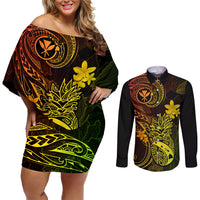 Hawaii Couples Matching Off Shoulder Short Dress and Long Sleeve Button Shirts Pineapple Mix Polynesian Plumeria Reggae Version - Wonder Print Shop