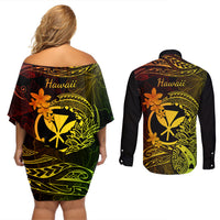 Hawaii Couples Matching Off Shoulder Short Dress and Long Sleeve Button Shirts Pineapple Mix Polynesian Plumeria Reggae Version - Wonder Print Shop