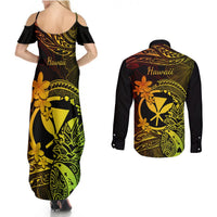 Hawaii Couples Matching Summer Maxi Dress and Long Sleeve Button Shirts Pineapple Mix Polynesian Plumeria Reggae Version - Wonder Print Shop