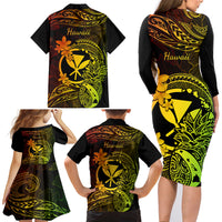 Hawaii Family Matching Long Sleeve Bodycon Dress and Hawaiian Shirt Pineapple Mix Polynesian Plumeria Reggae Version - Wonder Print Shop