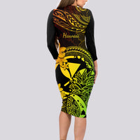 Hawaii Long Sleeve Bodycon Dress Pineapple Mix Polynesian Plumeria Reggae Version - Wonder Print Shop