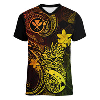 Hawaii Women V Neck T Shirt Pineapple Mix Polynesian Plumeria Reggae Version - Wonder Print Shop
