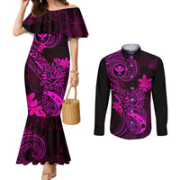 hawaii-couples-matching-mermaid-dress-and-long-sleeve-button-shirts-pineapple-mix-polynesian-plumeria-pink-version