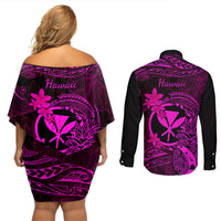 Hawaii Couples Matching Off Shoulder Short Dress and Long Sleeve Button Shirts Pineapple Mix Polynesian Plumeria Pink Version - Wonder Print Shop