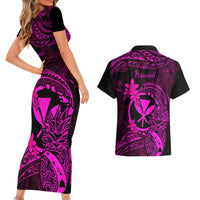 Hawaii Couples Matching Short Sleeve Bodycon Dress and Hawaiian Shirt Pineapple Mix Polynesian Plumeria Pink Version - Wonder Print Shop