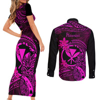 Hawaii Couples Matching Short Sleeve Bodycon Dress and Long Sleeve Button Shirts Pineapple Mix Polynesian Plumeria Pink Version - Wonder Print Shop