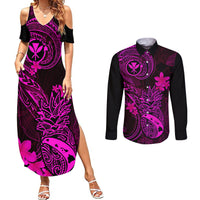 Hawaii Couples Matching Summer Maxi Dress and Long Sleeve Button Shirts Pineapple Mix Polynesian Plumeria Pink Version - Wonder Print Shop