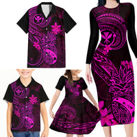 Hawaii Family Matching Long Sleeve Bodycon Dress and Hawaiian Shirt Pineapple Mix Polynesian Plumeria Pink Version - Wonder Print Shop