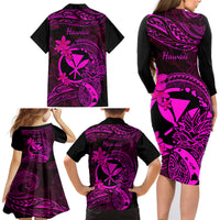 Hawaii Family Matching Long Sleeve Bodycon Dress and Hawaiian Shirt Pineapple Mix Polynesian Plumeria Pink Version - Wonder Print Shop