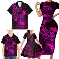 Hawaii Family Matching Short Sleeve Bodycon Dress and Hawaiian Shirt Pineapple Mix Polynesian Plumeria Pink Version - Wonder Print Shop