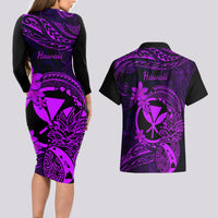 Hawaii Couples Matching Long Sleeve Bodycon Dress and Hawaiian Shirt Pineapple Mix Polynesian Plumeria Purple Version - Wonder Print Shop