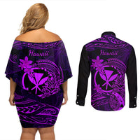 Hawaii Couples Matching Off Shoulder Short Dress and Long Sleeve Button Shirts Pineapple Mix Polynesian Plumeria Purple Version - Wonder Print Shop