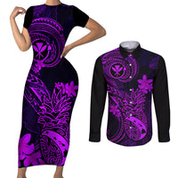 Hawaii Couples Matching Short Sleeve Bodycon Dress and Long Sleeve Button Shirts Pineapple Mix Polynesian Plumeria Purple Version - Wonder Print Shop