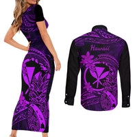 Hawaii Couples Matching Short Sleeve Bodycon Dress and Long Sleeve Button Shirts Pineapple Mix Polynesian Plumeria Purple Version - Wonder Print Shop